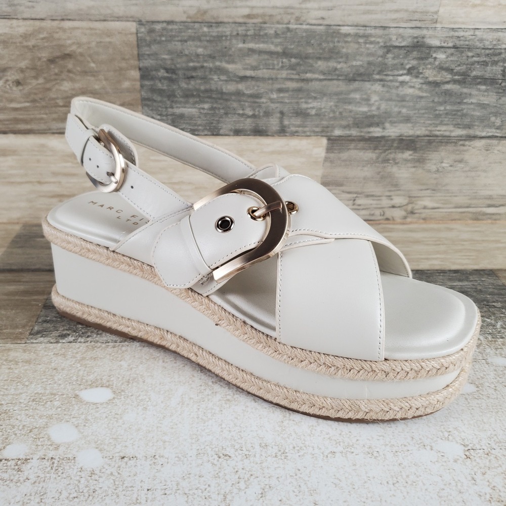 Marc Fisher Renda Womens Sandal Sz 8.5 M Ivory Leather Platform Buckle Slingback